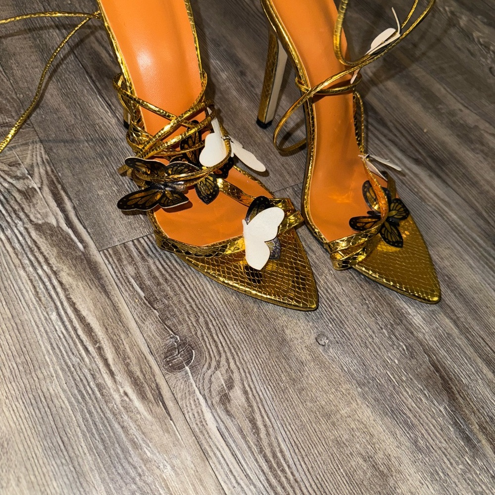 Elegant Gold Butterfly Lace-Up Heels